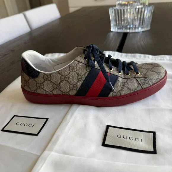 Gucci Ace GG Supreme Sneakers Men’s Size 8.5 Beige Red Blue Stripe - Picture 5 of 10